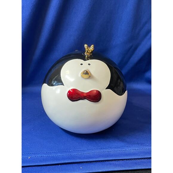 Round Porcelain Black and White Penguin Coin Bank - Picture 5 of 7